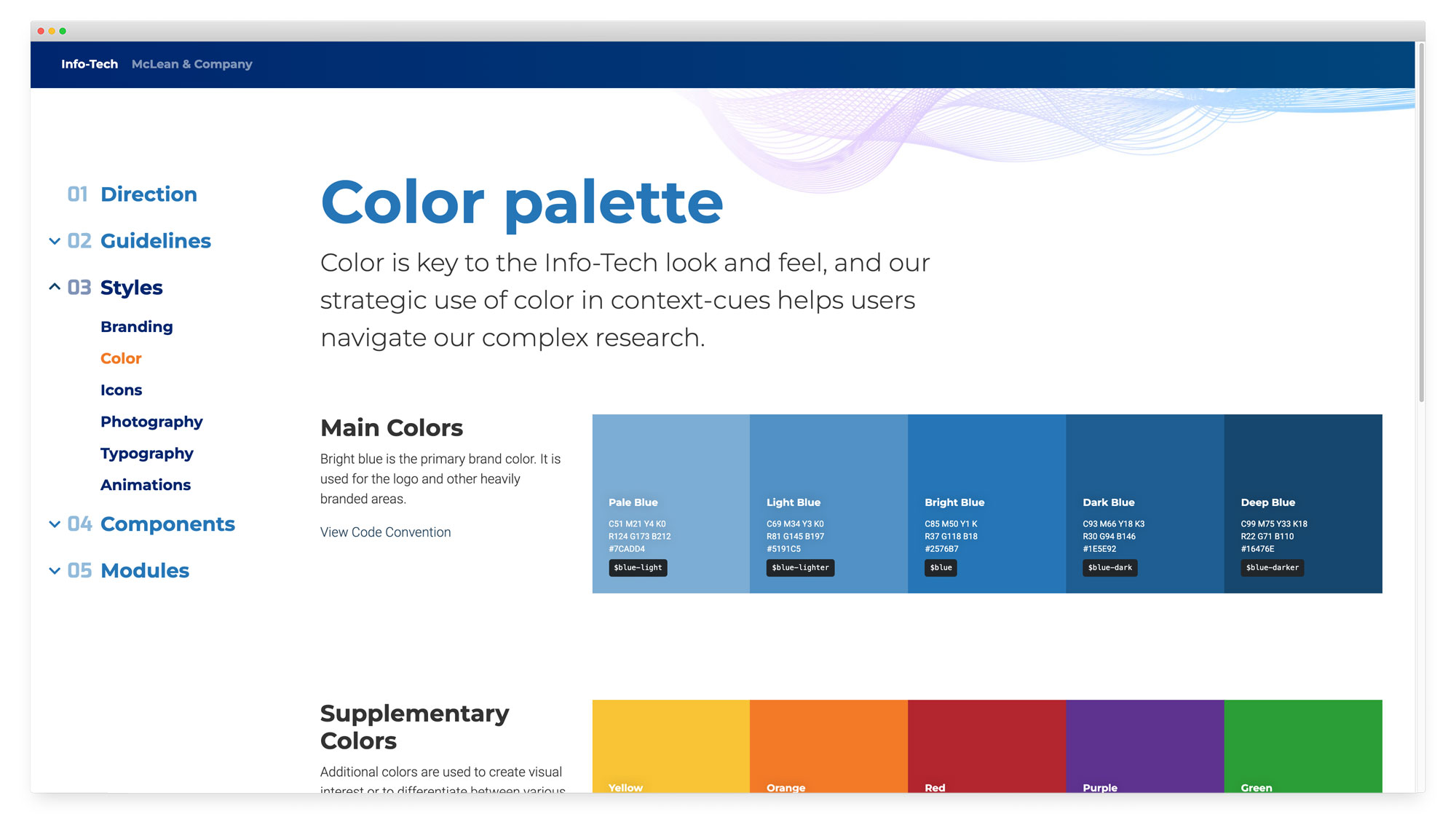 Screen capture of the Color section of the ITRG Design System
